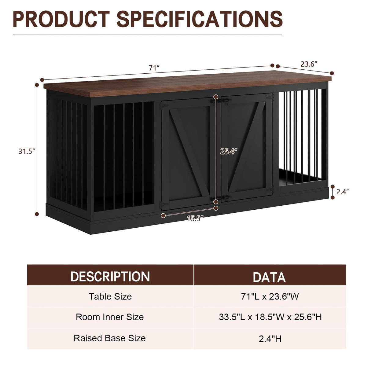 Dog Crate Furniture - Indoor Wooden Dog Kennel Furniture with Room Divider - 71"x23.6"x31.5"H, Black Faceket
