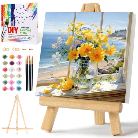 PRASIO Framed Paint by Numbers Kit for Adults Beginner with Easel, Flowers Adult Paint by Number Kits on Canvas Framed, DIY Acrylic Watercolor Oil Paint by Number with Frame for Home Decor 16x16 Inch PRASIO