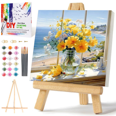PRASIO Framed Paint by Numbers Kit for Adults Beginner with Easel, Flowers Adult Paint by Number Kits on Canvas Framed, DIY Acrylic Watercolor Oil Paint by Number with Frame for Home Decor 16x16 Inch
