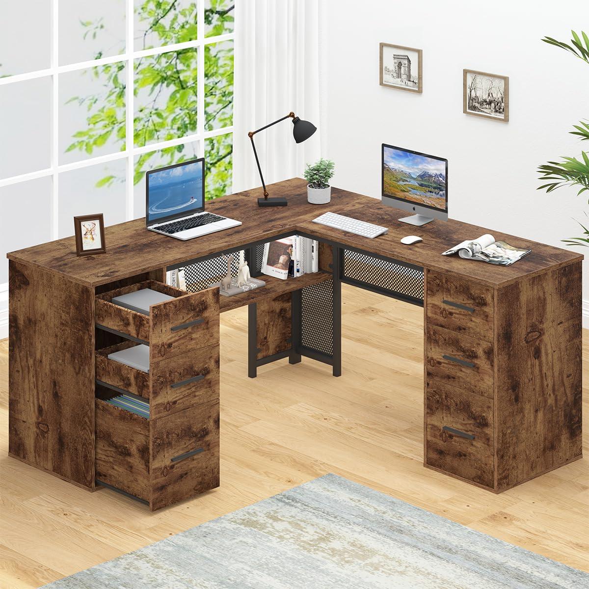 HSH L Shaped Computer Desk with File Drawers, Large Metal Wood L Shape Table with Storage Cabinet Shelves, Reversible Corner Home Office Executive Writing Study Workstation Desk, Rustic Brown, 59 Inch