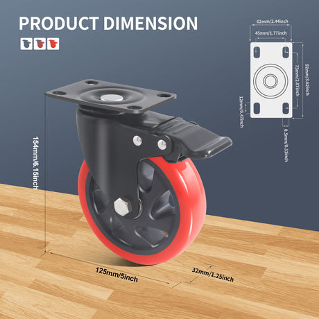 5 Inch Caster Wheels with Brake, Casters Set of 4 Heavy Duty 2000LBS, Safety Dual Locking Industrial Casters, Polyurethane Foam No Noise Wheels for Cart, Workbench(Two Hardware Kits Provided) Ashxakv