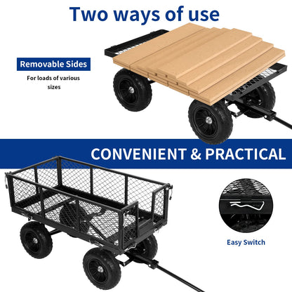 BILT HARD 400 lbs 10" Flat Free Tires Steel Garden Cart with 180° Rotating Handle and Removable Sides, 4 Cu.Ft Capacity Utility Heavy Duty Garden Carts and Wagons - WoodArtSupply