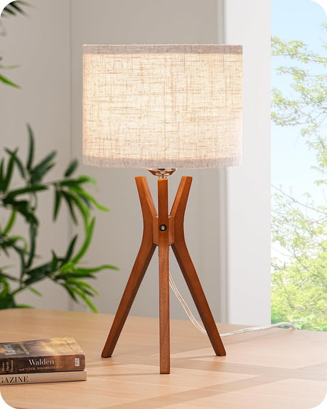 EDISHINE Mid Century Table Lamp, 17.5" Tripod Bedside Lamp with Deep Wood Color Light Base & Beige Linen Lampshade, Nightstand Lamp for Bedroom, Living Room, Reading Room, E26 Base EDISHINE