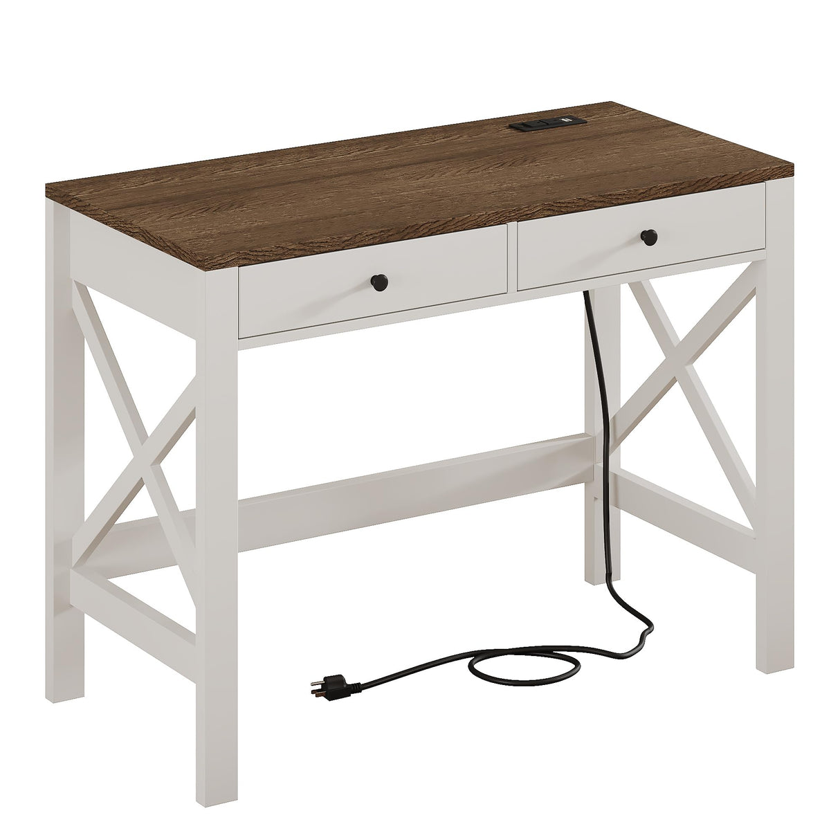 ChooChoo Farmhouse Desk with USB Charging Ports and Power Outlets, 39" Computer Desk with Drawers, Small Study Writing Table with Stable X Frame for Home Office ChooChoo
