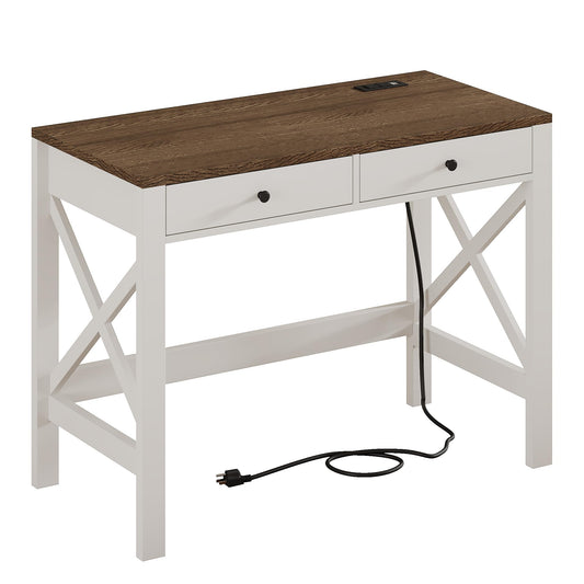 ChooChoo Farmhouse Desk with USB Charging Ports and Power Outlets, 39" Computer Desk with Drawers, Small Study Writing Table with Stable X Frame for Home Office - WoodArtSupply