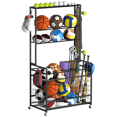 Sports Equipment Organizer Garage Basketball Ball Holder for Sports Gear and Toys Garage Ball Storage Rack Cart with Wheels and Hooks for Volleyball Football Basketball, Indoor/Outdoor, Black