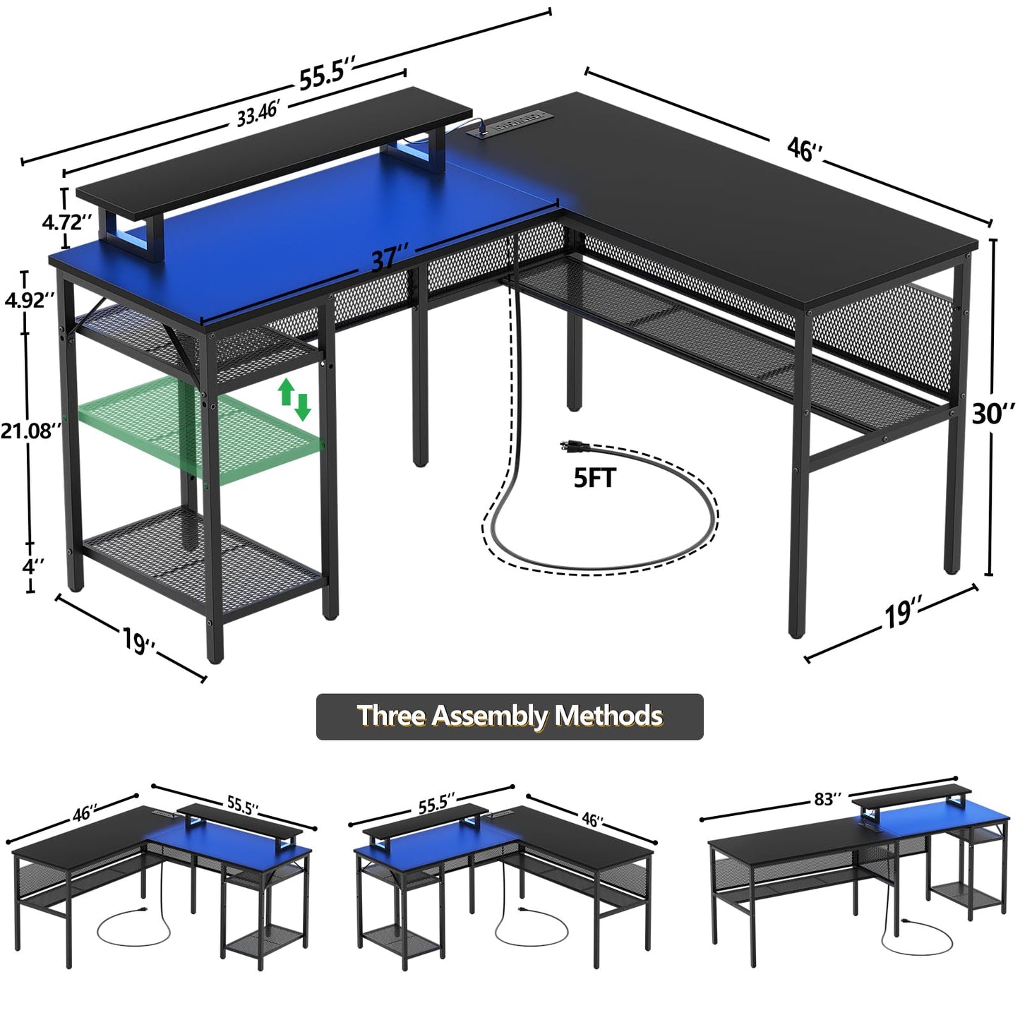 Unikito Reversible L Shaped Desk with Smart RGB Light & Power Outlets - 55 Inch Black Corner Computer Desk - WoodArtSupply