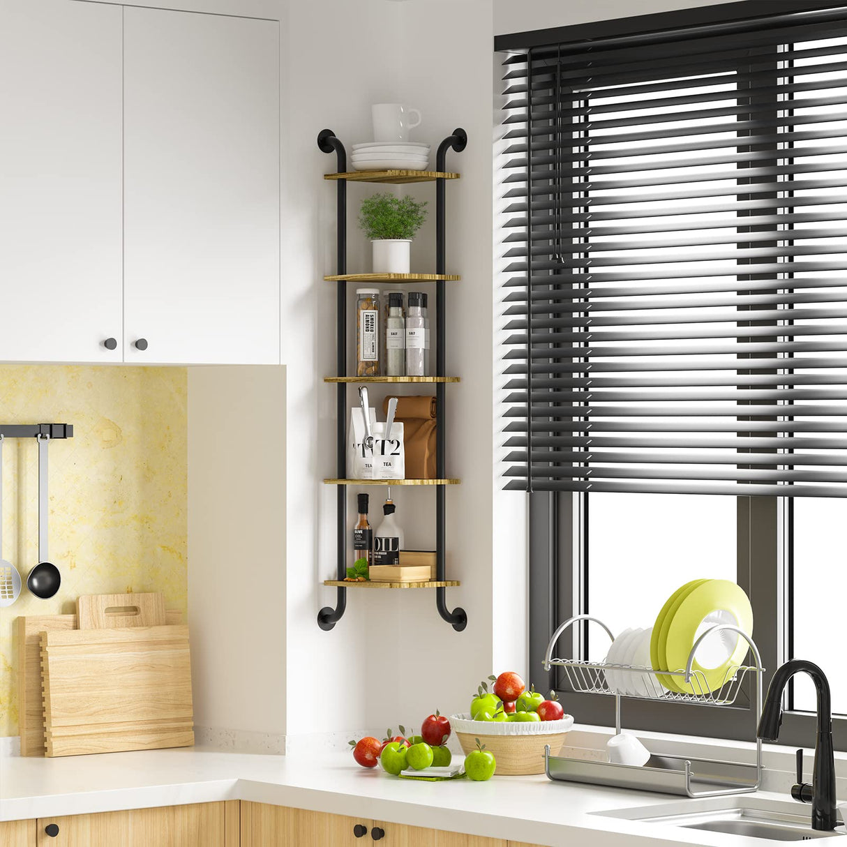 Tinpin Corner Shelf Wall Mount 5-Tier, Wall Decor for Home Living Room Bedroom, Wall Corner Shelves Bookshelf, Rustic Industrial Pipe Shelves, Brown Tinpin