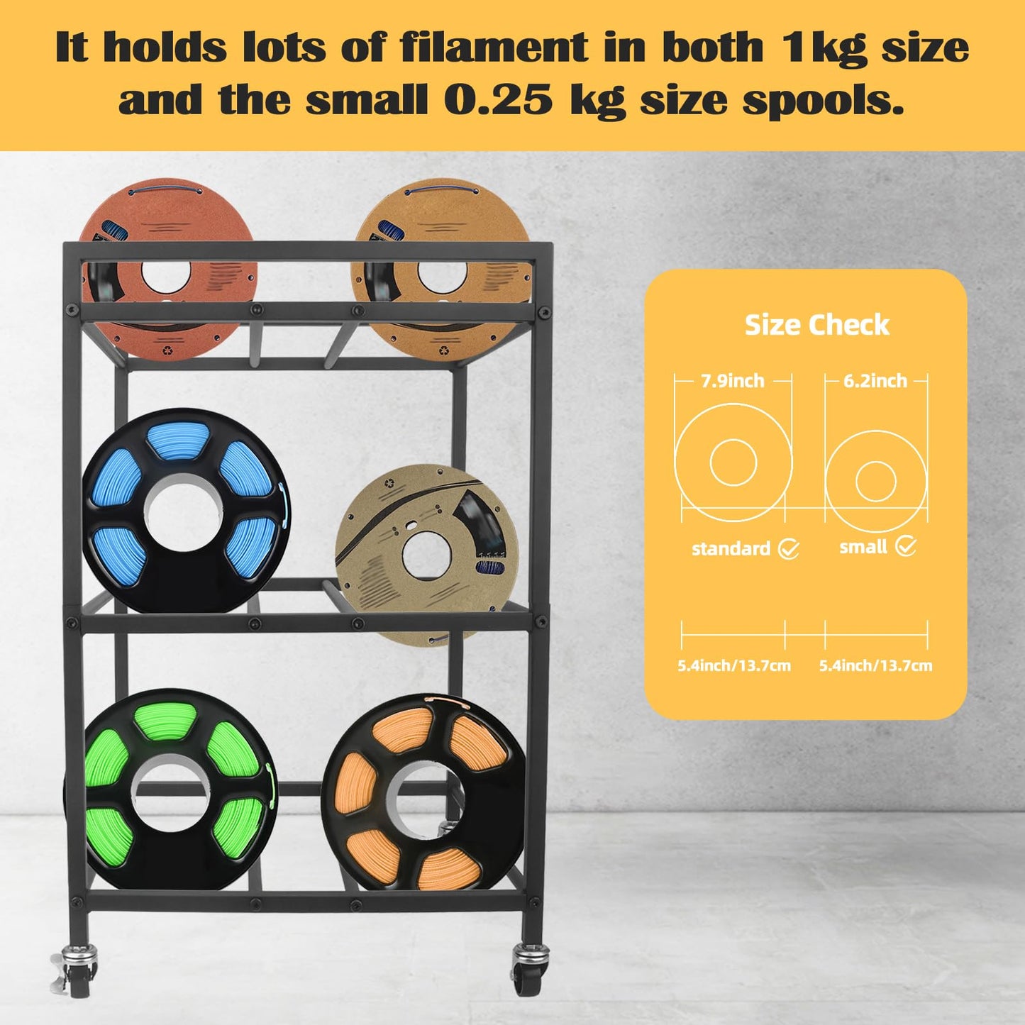 3D Printer Filament Storage Rack, 360°Rolling Filament Spool Holders Racks with Wheels, Heavy Duty Metal Shelf for PLA/ABS/TPU,Filaments Organzied for 3D Printing