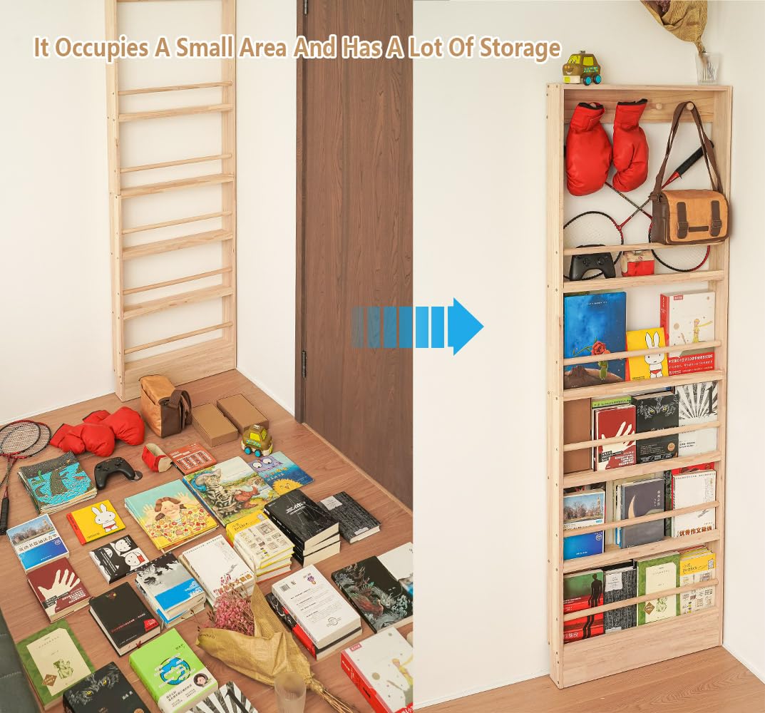 Morimoe Wall-Mounted Wooden Kids Bookshelf with Hooks - Space-Saving Organiser for Toys and Books morimoe