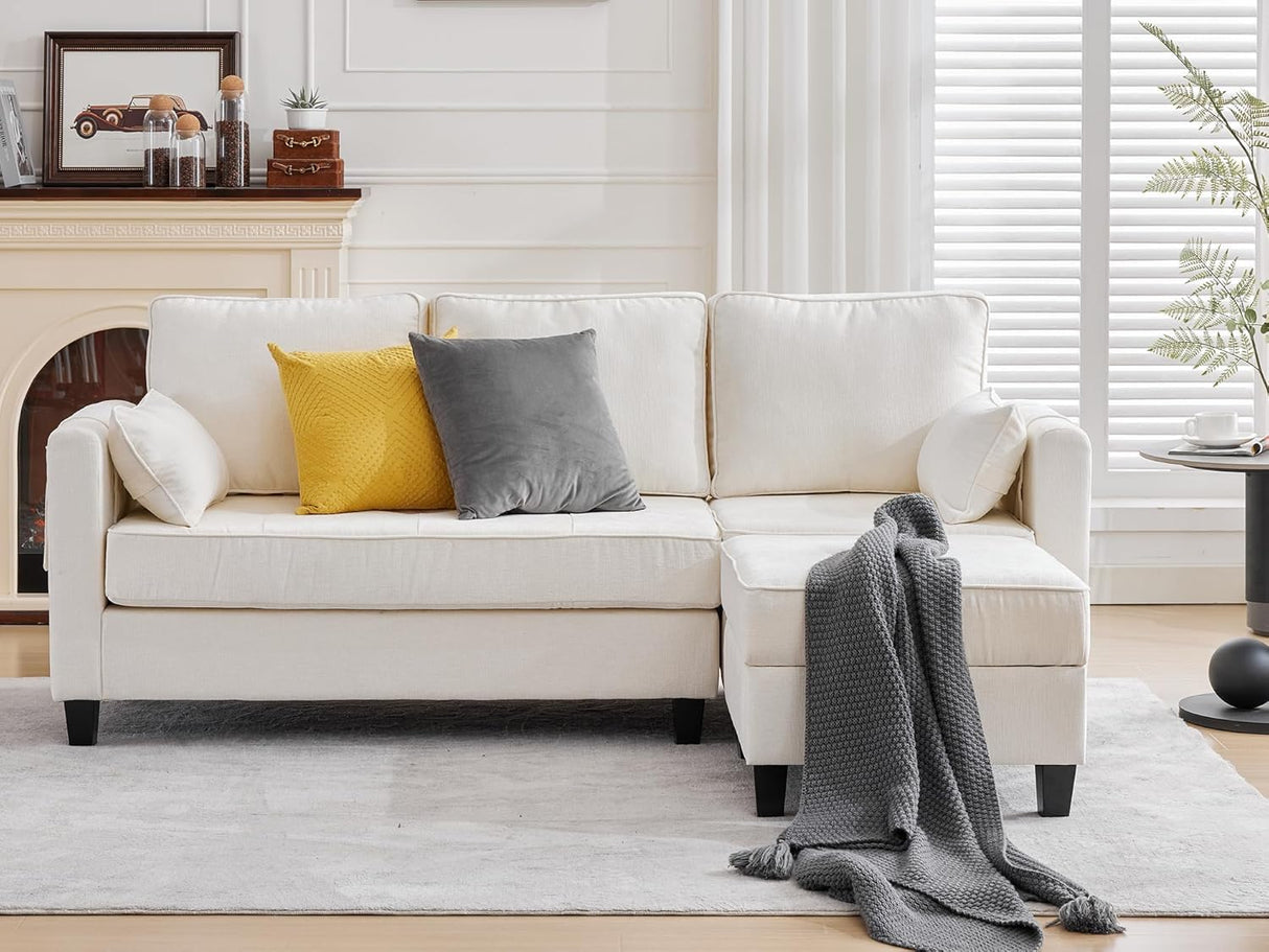 MAGIC UNION Convertible Sectional Couches for Living Room - Small Space Couches L-Shaped Sofa, Upholstered 3 Seats Sofas W/Storage Chaise, USB Ports, Side Pockets and Pillows (Chenille Fabric, White) MAGIC UNION