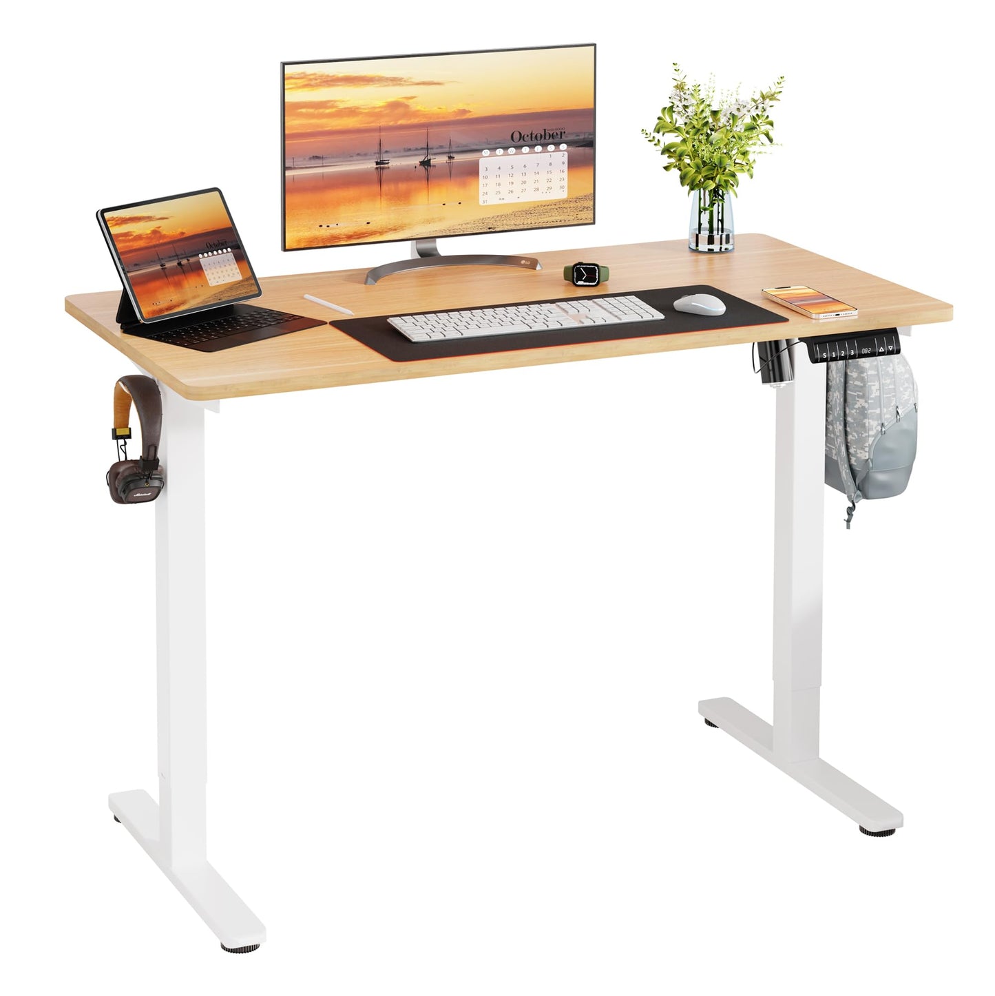 Meilocar Height Adjustable Electric Standing Desk, Sit Stand Computer Desk w/Memory Controller, Home Office Workstation Stand up Desk with Splice Board, 48" x 24" Tabletop (Walnut Top + White - WoodArtSupply