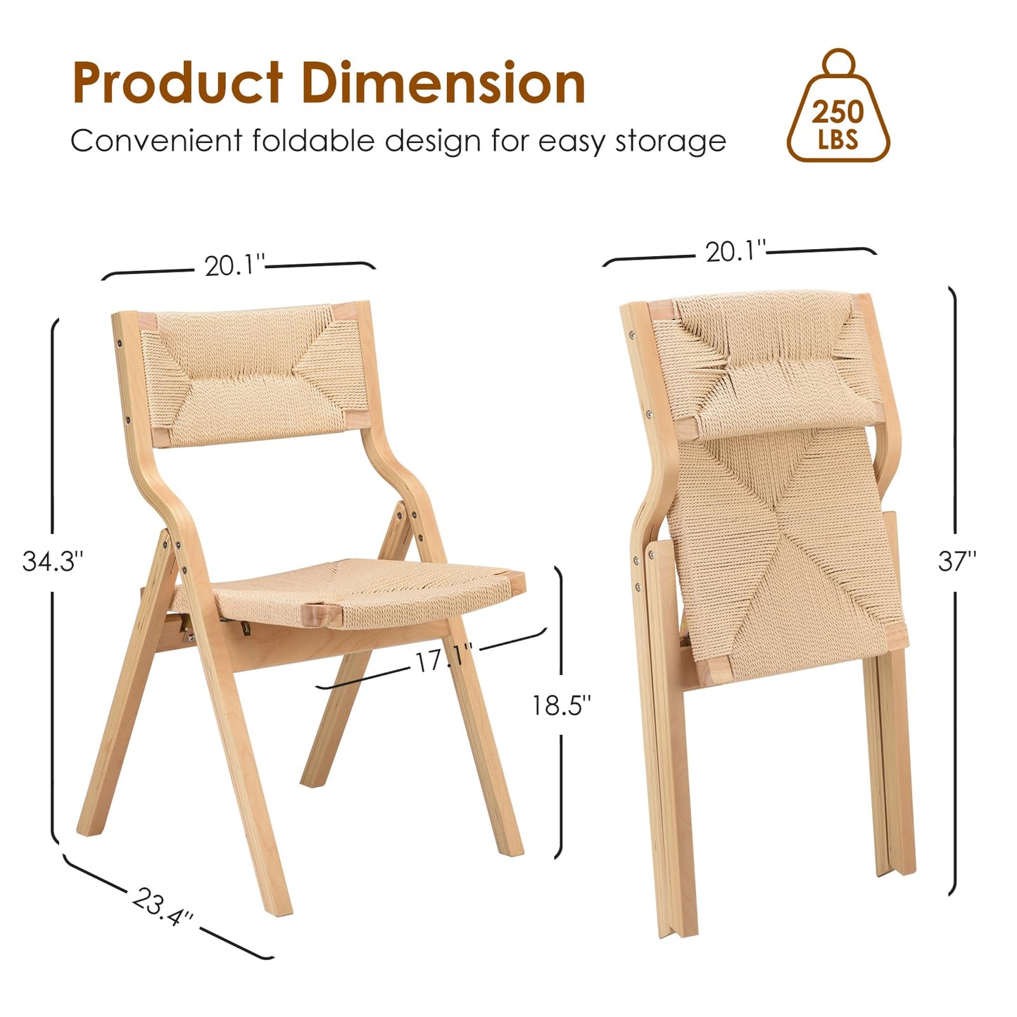 Wood Folding Chairs Set of 2, Foldable Chairs Chairs Wooden Stackable Dining Chairs for Kitchen & Dining Room Chair, Woven Seat & Webbing Back