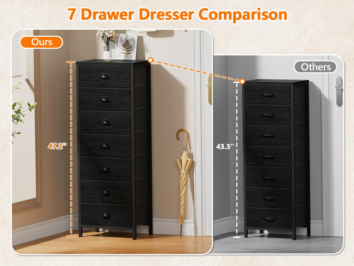 Furnulem Bedroom Dresser, Tall Dressers & Chests of Drawers with 7 Fabric Bins, Black Dresser Organizer in Closet,Dorm,Living Room,Nursery,Hallyway-Storage Tower Unit Sturdy Steel Frame, Black Oak Furnulem