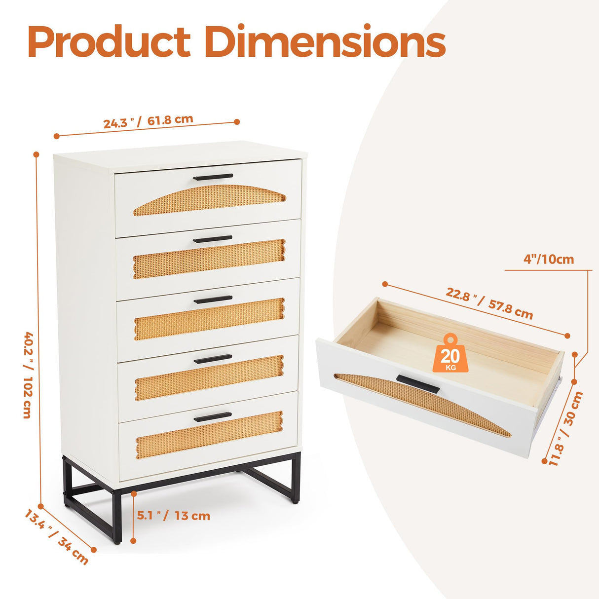 Mericonia 5 Drawer Rattan Dresser for Bedroom, Wood Tall Dresser for Closet with Metal Handles, Boho Nightstand Sets, Dressers & Chests of Drawers for Bedroom, Hallway and Entryway, White Mericonia