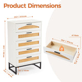 Mericonia 5 Drawer Rattan Dresser for Bedroom, Wood Tall Dresser for Closet with Metal Handles, Boho Nightstand Sets, Dressers & Chests of Drawers for Bedroom, Hallway and Entryway, White Mericonia