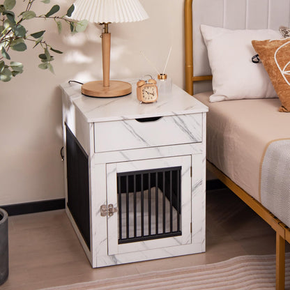 PETSITE Furniture Style Dog Crate, Decorative Dog Kennel End Table with USB & Wireless Charging Station, Storage Drawer, Indoor Dog House for Small Dogs (Marble White) - WoodArtSupply