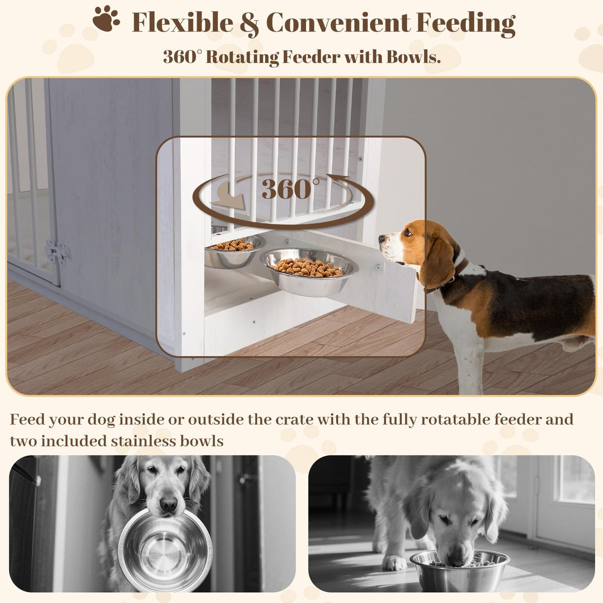 TBWIND Dog Crate Furniture for Large Dogs, 36" Indoor Wooden Dog Kennel with 270° Swivel Door & 360° Rotating Feeder, Decorative Heavy Duty Dog House with Double Locks & Bowls, White TBWIND