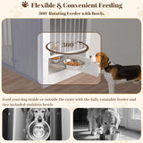 TBWIND Dog Crate Furniture for Large Dogs, 36" Indoor Wooden Dog Kennel with 270° Swivel Door & 360° Rotating Feeder, Decorative Heavy Duty Dog House with Double Locks & Bowls, White TBWIND