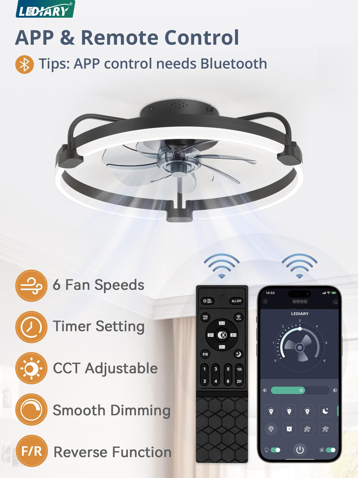 LEDIARY Ceiling Fans with Lights and Remote, 20'' Low Profile Ceiling Fan with Light, 3000-6000K Dimmable Fandelier LED Fan Light, 6 Wind Speeds, Black Modern Flush Mount Ceiling Fan for Bedroom LEDIARY