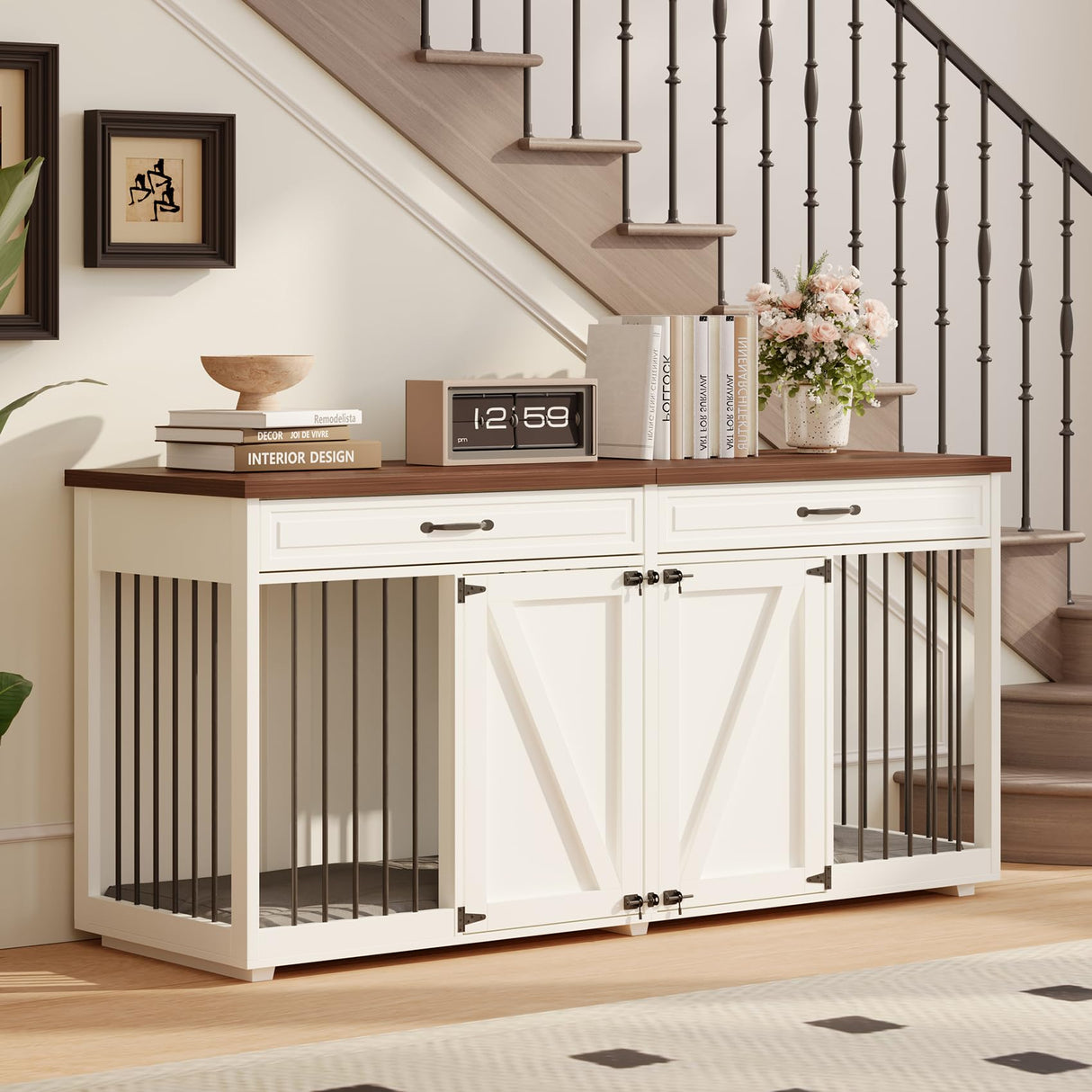 Furniture Style Dog Crate - Indoor Wooden Dog Kennel Furniture with 2 Drawers & Room Divider - 72" L x 23.6" W x 34" H - White MOWPEX