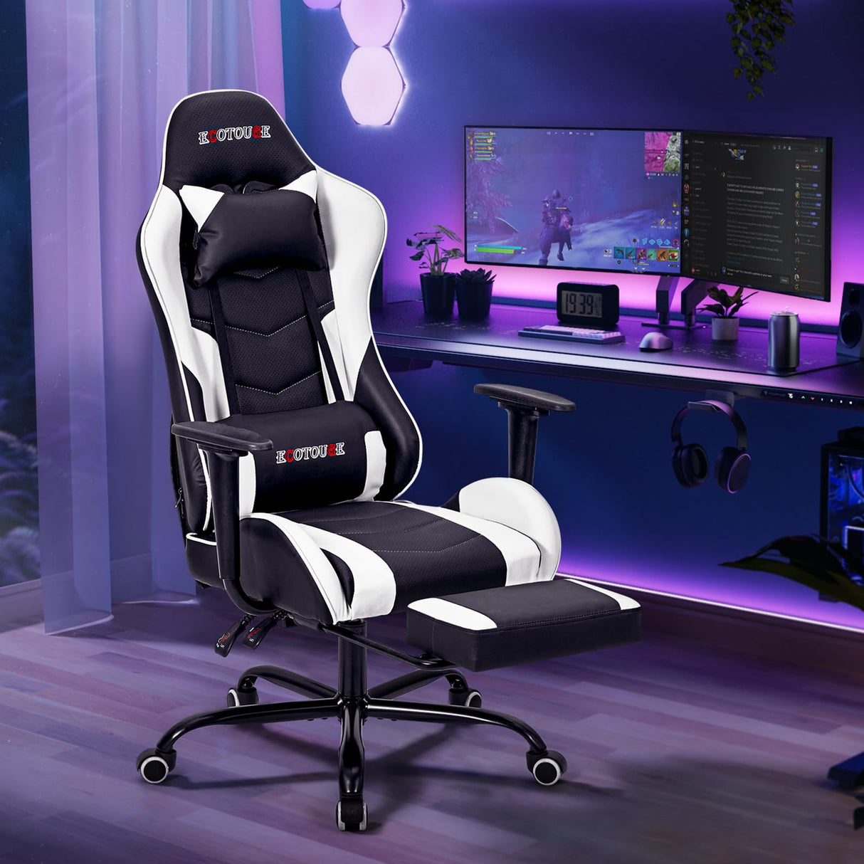 ECOTOUGE PC Massage Gaming Chair with Footrest Ergonomic Office Desk Chair Racing PU Leather Recliner Swivel Rocker with Headrest and Lumbar Pillow,White ECOTOUGE