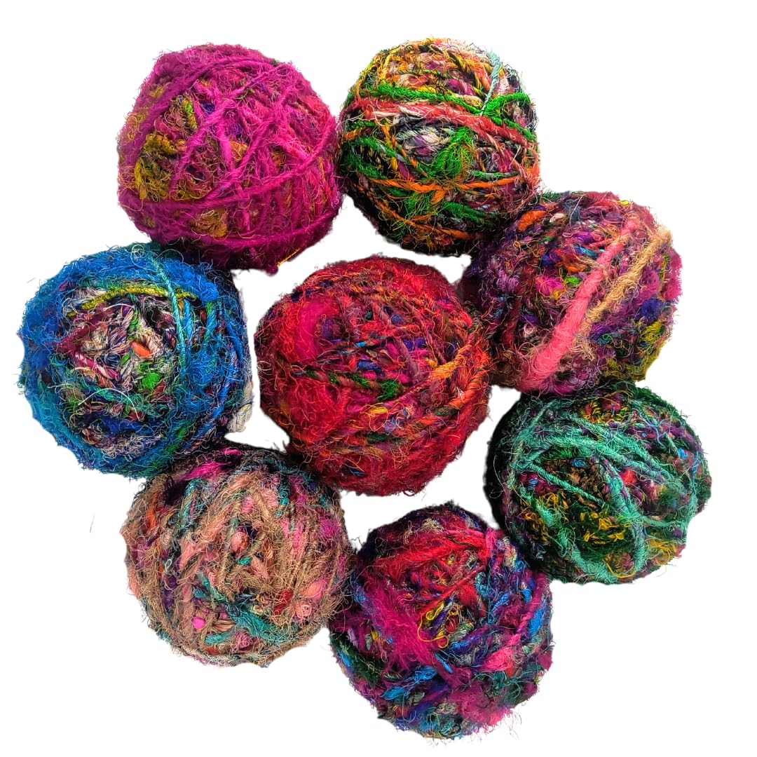 KNITSILK Recycled Sari Silk Yarn – 1 x 100g Multicolour Unique Bulky Yarn Ball, 80+ Yards | Eco-Friendly Handmade Fiber for Knitting, Crochet, Weaving, Crafts, and DIY Projects. Knitsilk