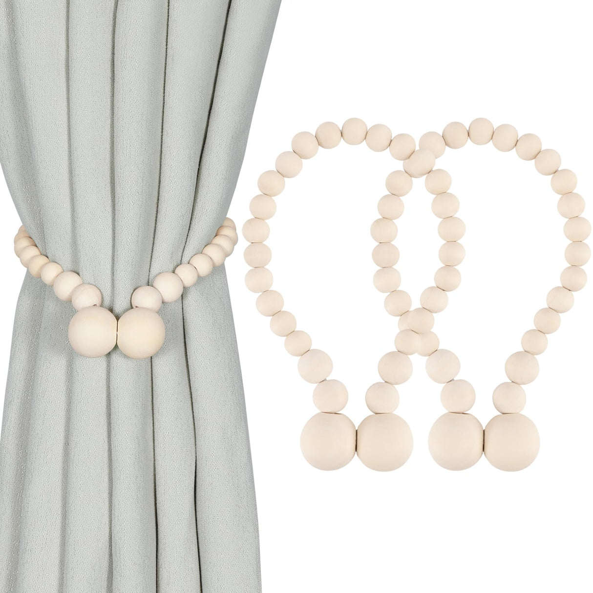 KLOGTSIND Magnetic Curtain Tiebacks, Curtain Tie Backs for Curtains 2 Pack, Wood Bead Curtain Tiebacks, Curtain Holders for Boho Bedroom Decor, Baby Nursery Decor, Farmhouse Decor KLOGTSIND