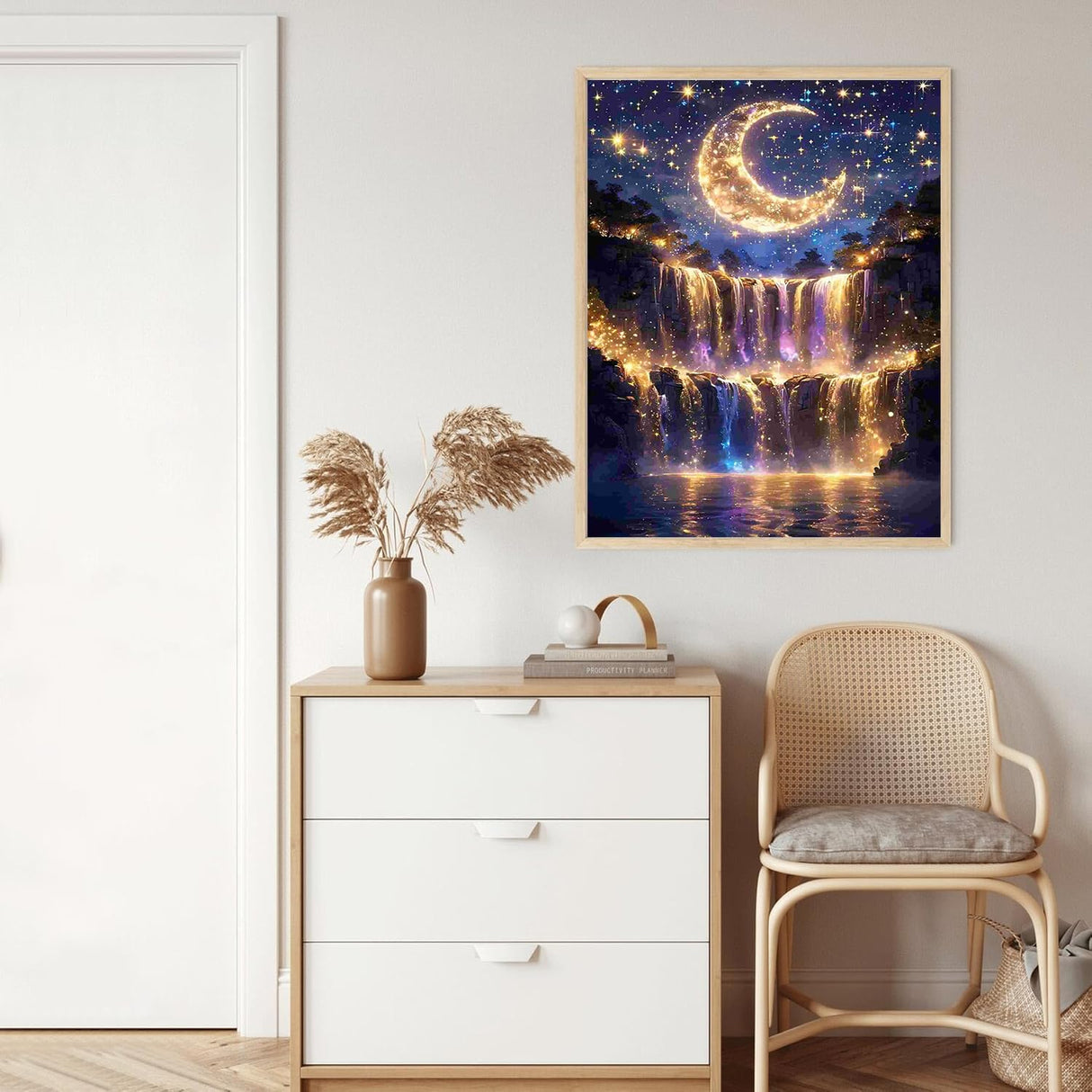 5D Diamond Painting Kits for Adults Beginners, Moonlight Waterfall Diamond Art Kits for Adults, DIY Full Drill Round Moon Landscape Diamond Dots, Home Wall Decor 12x16 Inch Accompany Wind