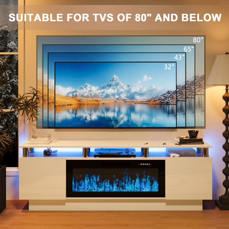 PRETZI Fireplace TV Stand with 36" Fireplace, 2 Tier 70" LED Entertainment Center with Fireplace for TVs Up to 80", Modern Wood TV Media with Storage Cabinets for Living Room, White PRETZI