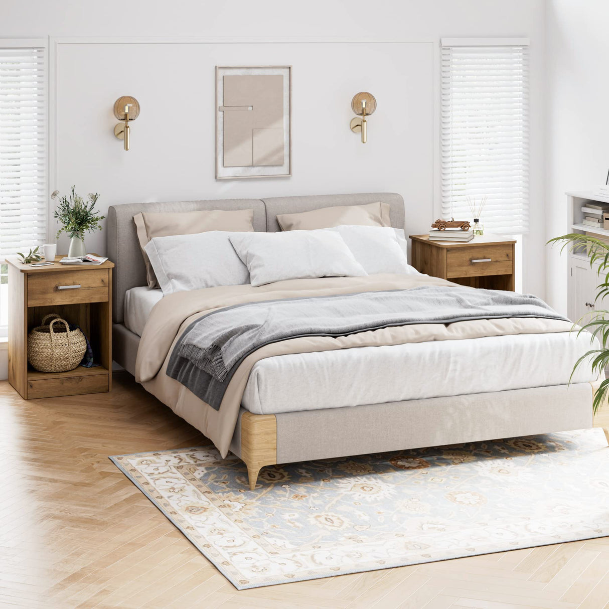 FOTOSOK Nightstand Set of 2, 2-Tier Side Table with Drawer and Storage Shelf, Bedside Table End Table, Modern Night Stand for Bedroom, Home Office,Wooden Grain FOTOSOK