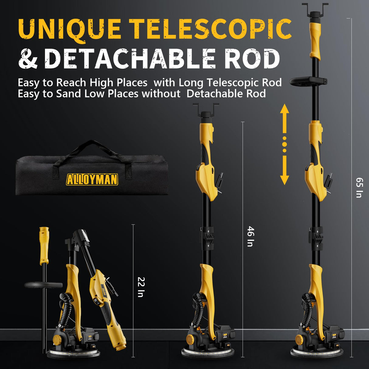 Drywall Sander, 1050W Electric Drywall Sander with Vacuum Dust Collection, 2100RPM Wall Sander with 7 Variable Speed, Foldable & Extendable Handle, Double-Deck LED Light, Dust Bag and Hose Alloyman