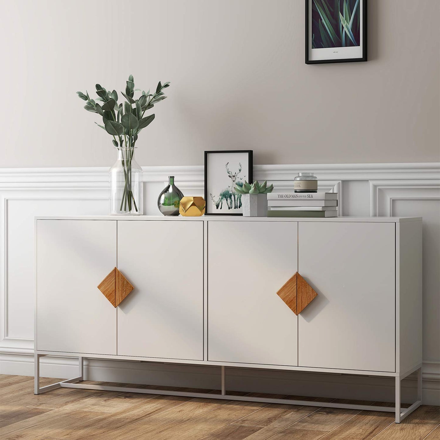 RASOO Buffet Cabinet White 4 Doors Modern Kitchen Buffet Storage Sideboard Cabinet Credenza Cabinet Cupboard with Adjustable Shelves - WoodArtSupply