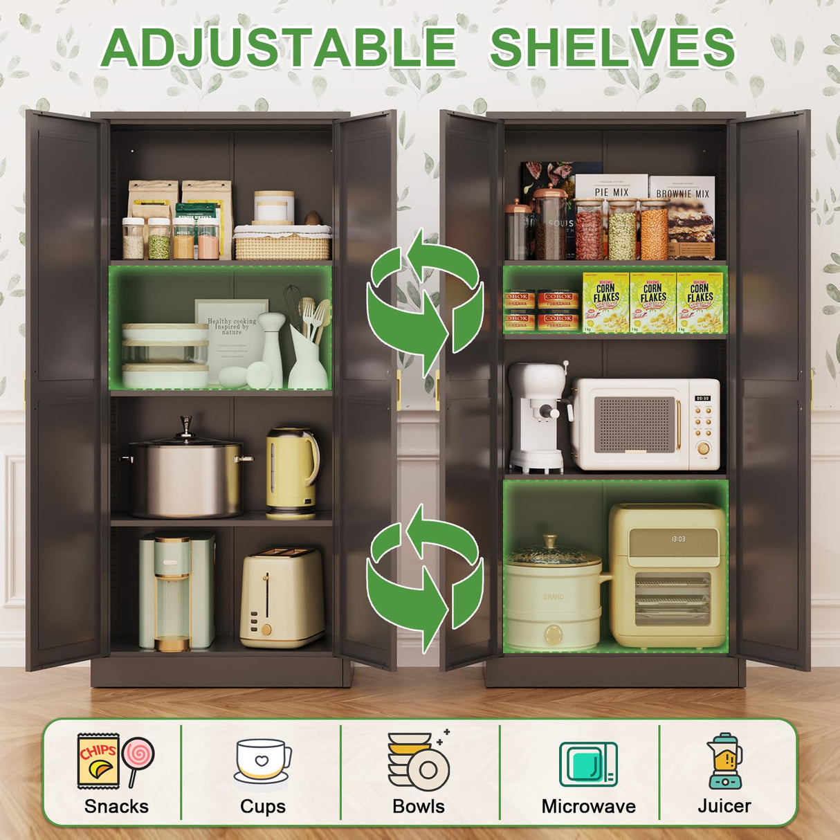 60''metal storage room cabinet, black unique look, freestanding storage room cabinet, storage cabinet with door and 4 adjustable shelves, can be used in office, garage, bedroom, kitchen TIMELESS PIECES