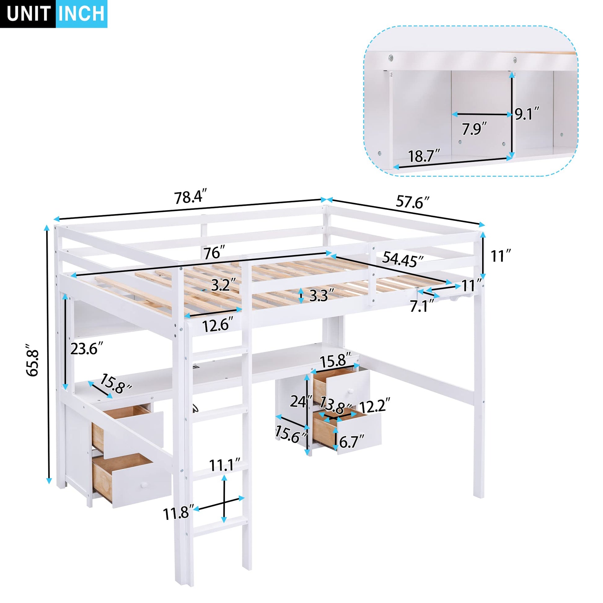 Merax Full Size White Loft Bed with Desk, Storage Cabinets, and Charging Station - WoodArtSupply