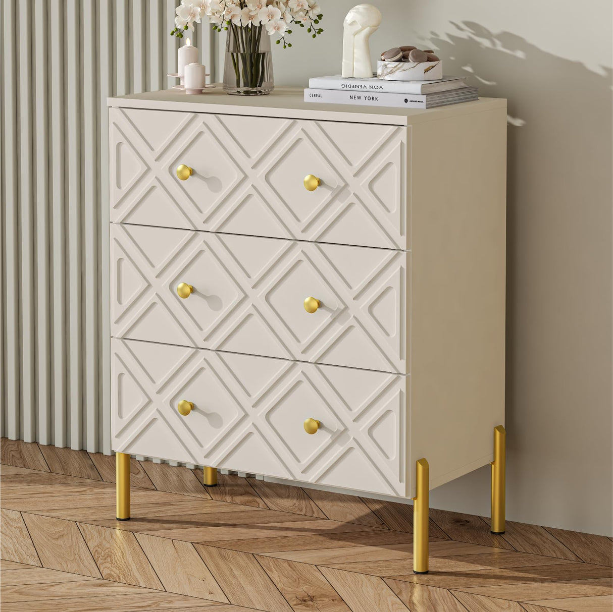 TRINEAR 3 Drawer Dresser, Wood Drawers for Bedroom with Metal Legs, Modern Dressers with Wide Storage, 30 inch Large Nightstand with Diamond Design for Living Room, Hallway, Entryway, Cream TRINEAR