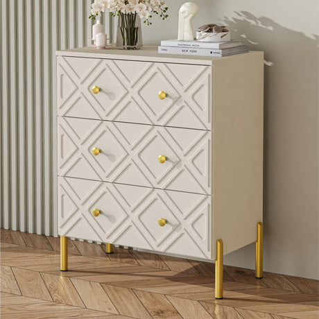 TRINEAR 3 Drawer Dresser, Wood Drawers for Bedroom with Metal Legs, Modern Dressers with Wide Storage, 30 inch Large Nightstand with Diamond Design for Living Room, Hallway, Entryway, Cream TRINEAR
