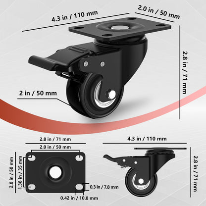 2 Inch Caster Wheels Heavy Duty, Casters Set of 4 with Brake, Locking Industrial Swivel Top Plate Casters Wheels and Load 800lbs for Furniture and Workbench Cart(Two Hardware Kits Include)