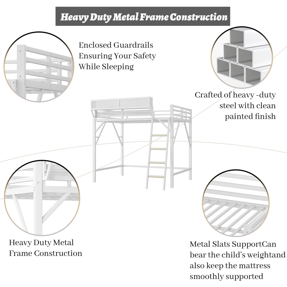 OYUMOENTS Queen Size Loft Bed Frame for Adults, Metal Queen Loft Bed with Storage Shelves & Ladder, Heavy-Duty Beds Frame with Large Under-Bed Space, No Squeaking for Kids Teens Adults, White OYUMOENTS