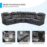 Comfort Stretch Power Recliner Sectional Sofa Couches with Bass Speakers for Living Room, Faux Leather Reclining Corner Sectionals Sofa Couch Sets with LED Light, Electric Theater Recliners Home,Grey Comfort Stretch
