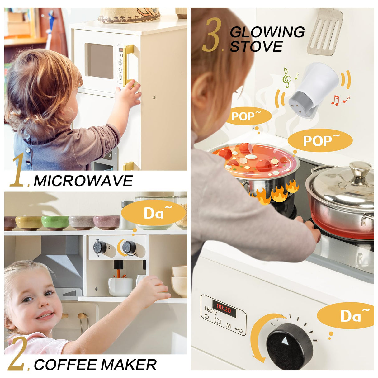 Kids Kitchen Playset, Realistic Wooden Kitchen Playset for Toddlers & Kids with Lights, Sounds & Storage, Ideal Gift for Boys & Girls deli