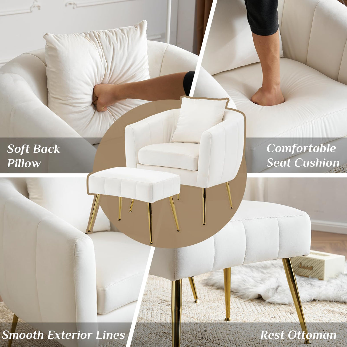 GODECOR Velvet Accent Chair Set,Modern Barrel Chair with Ottoman,Club Chair Reading Armchair with Lumbar Pillow for Living Room/Bedroom/Study Room/Home Office,White GODECOR