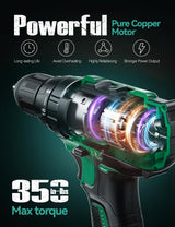 KIMO 20V Cordless Drill Set with 2 Packs 2.0Ah Battery, Max 350 In-lb Torque, 1350 RPM, 3/8" Keyless Chuck, 18+2 Clutch Setting, 18pcs Accessories, Power Drill for Drilling Wood Bricks Walls Metal K I M O.