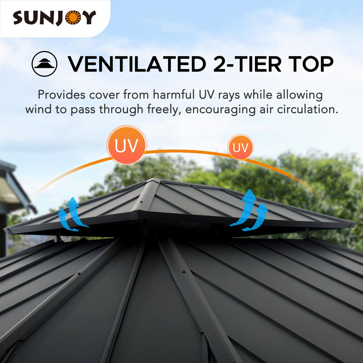 Sunjoy 11 x 13 ft. Hardtop Gazebo Outdoor 2-Tier Steel Hardtop Metal Gazebo with Dual Rails and Ceiling Hook, Suitable for Patio & Backyard by SummerCove, Grey Sunjoy