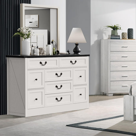 Garvee 9 Drawers Dresser with Charging Station, 55" Wide Chest of Drawers,Farmhouse Dresser with Metal Handle,Large Storage Dressers Organizer for Bedroom,Living Room,Hallway and Dining Room,Black Garvee