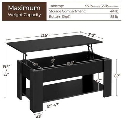 Yaheetech Lift Top Coffee Table with Hidden Compartment and Storage Shelf, Rising Tabletop Dining Table for Living Room Reception Room, 47.5in L, Black