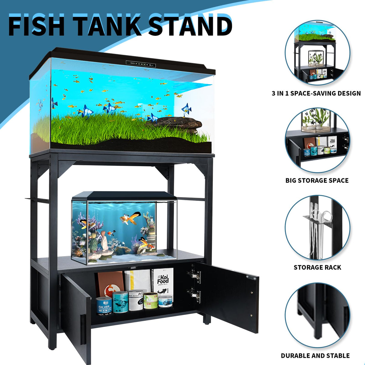 YEMOO Aquarium Stand 20-29 Gallon, 29 Gallon Fish Tank Stand with Aquarium Tools Organizer, 3 Tier Breeder Tank Stand with Storage Cabinet, Heavy Duty Metal Frame for 20 - 29 Gallon Long Aquarium YEMOO