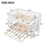 Janusline Wooden Full Size Bunk Bed with Trundle and Storage Staircase, Convertible to 3 Platform Bed, Space-Saving Bed Frame with Full-Length Safe Guardrail, No Box Spring Needed, White Janusline