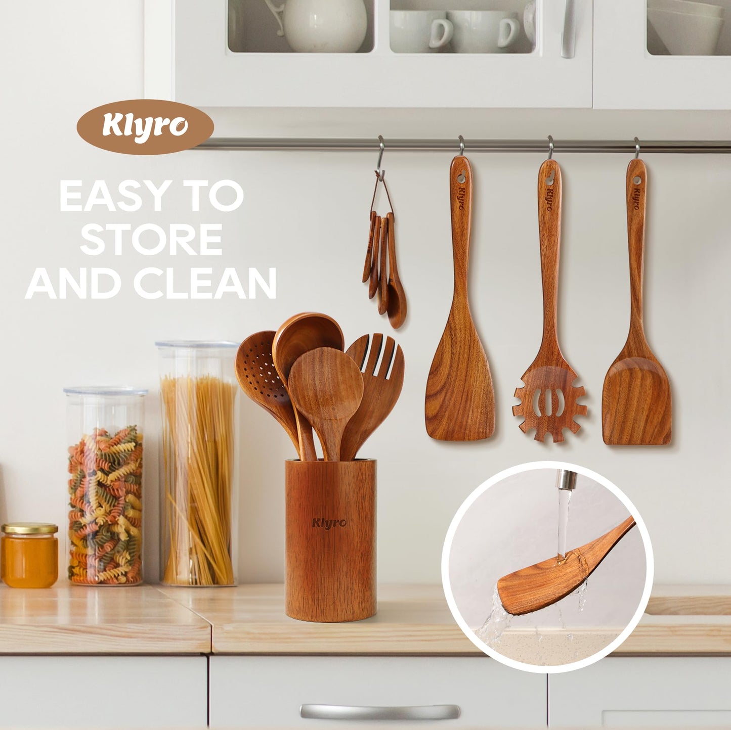 KLYRO Wooden Spoons for Cooking, Nonstick Kitchen Utensils Set with 4 Piece Measuring Spoons, Comfort Grip Wooden Spatula Set, 9 Piece Teak Wooden Cooking Utensils with Holder and Spoon Rest - WoodArtSupply