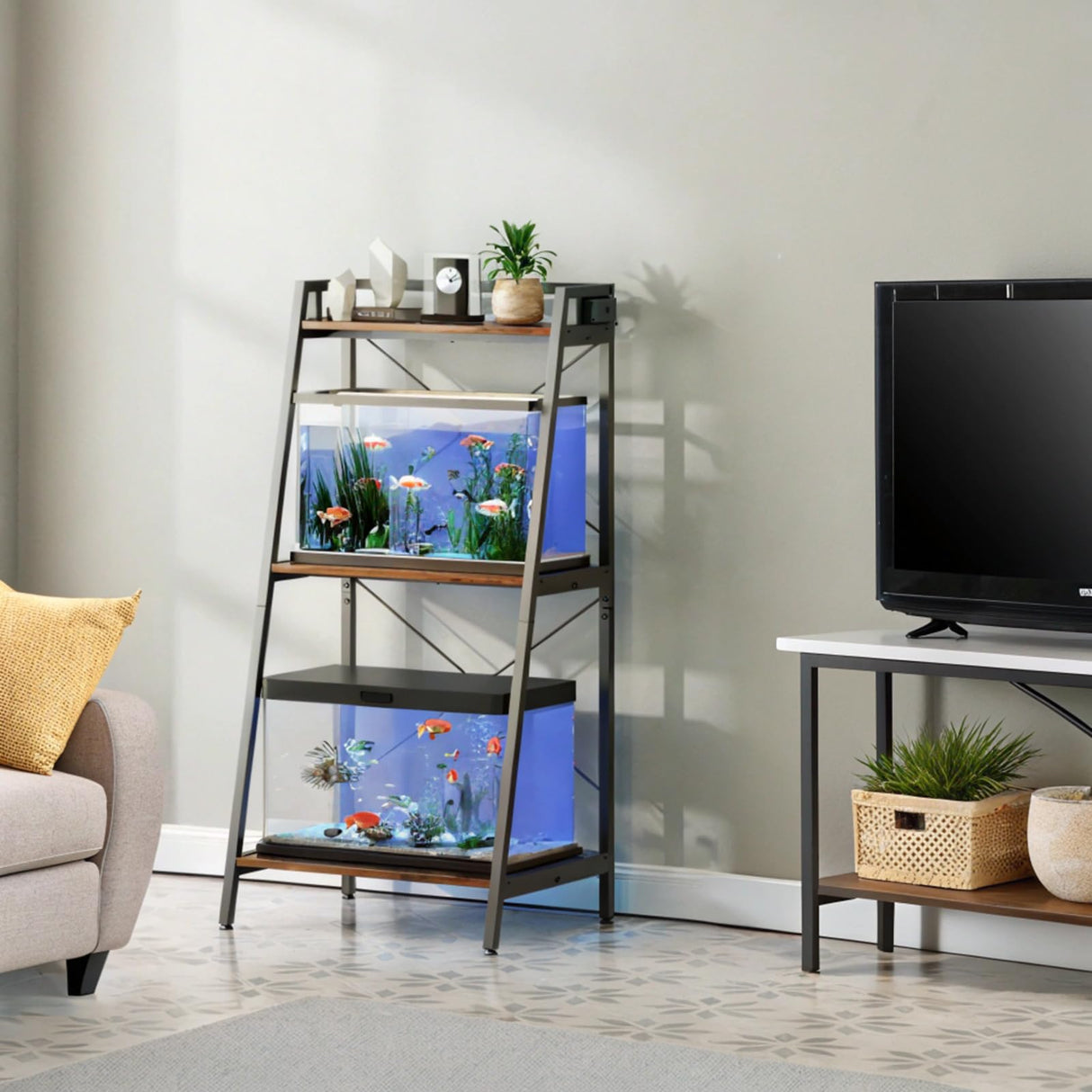 Herture 5-10 Gallon Fish Tank Stand with Shelf, Metal Frame Aquarium Stand with Storage and Power Outlet, for 2 x Fish Tank, 20.47" L*15.11" W Reptile Tank Rustic Brown PG10YGN Herture